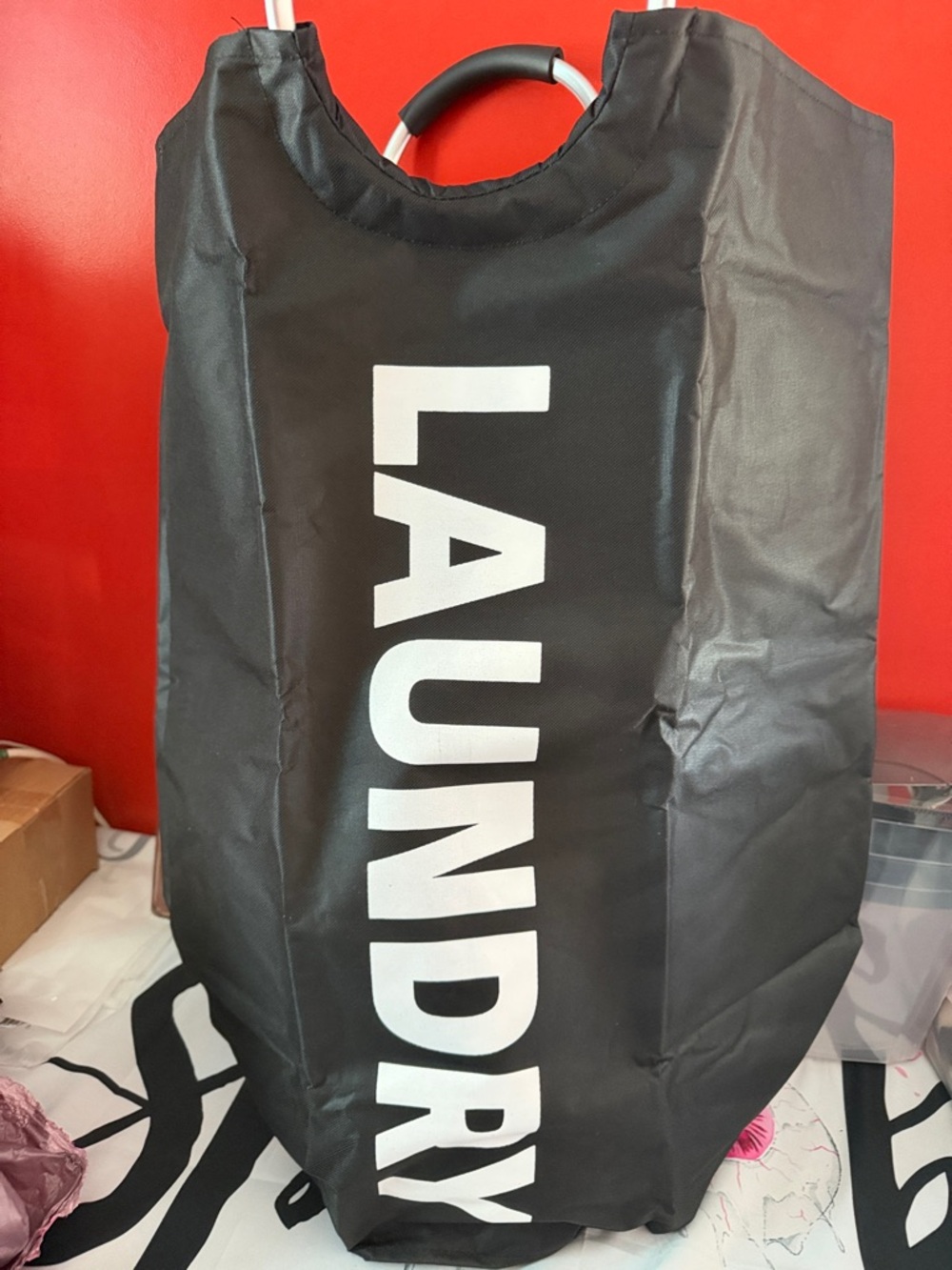 Black Laundry Hamper Bag with White LAUNDRY Print